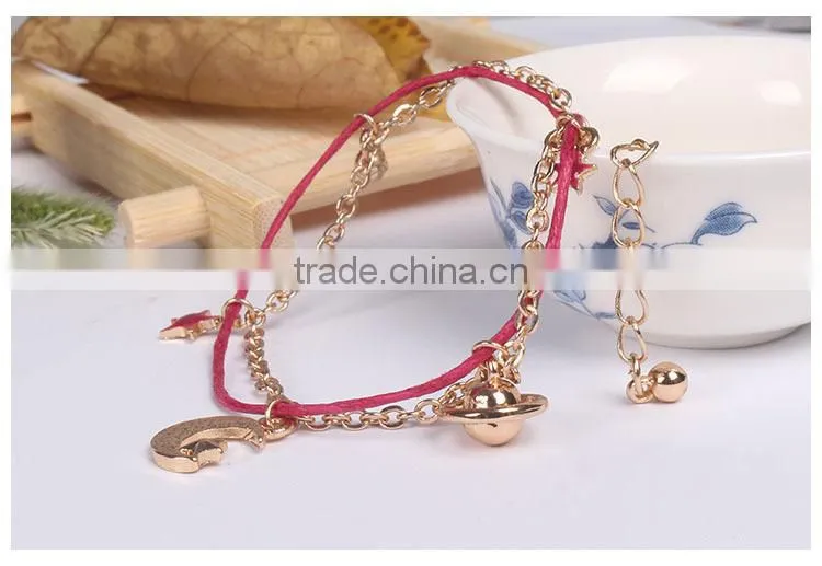 goldfill round smiling face charm bracelet tiny rhinestone charm bracelet colorful rope gold chain layered bracelet