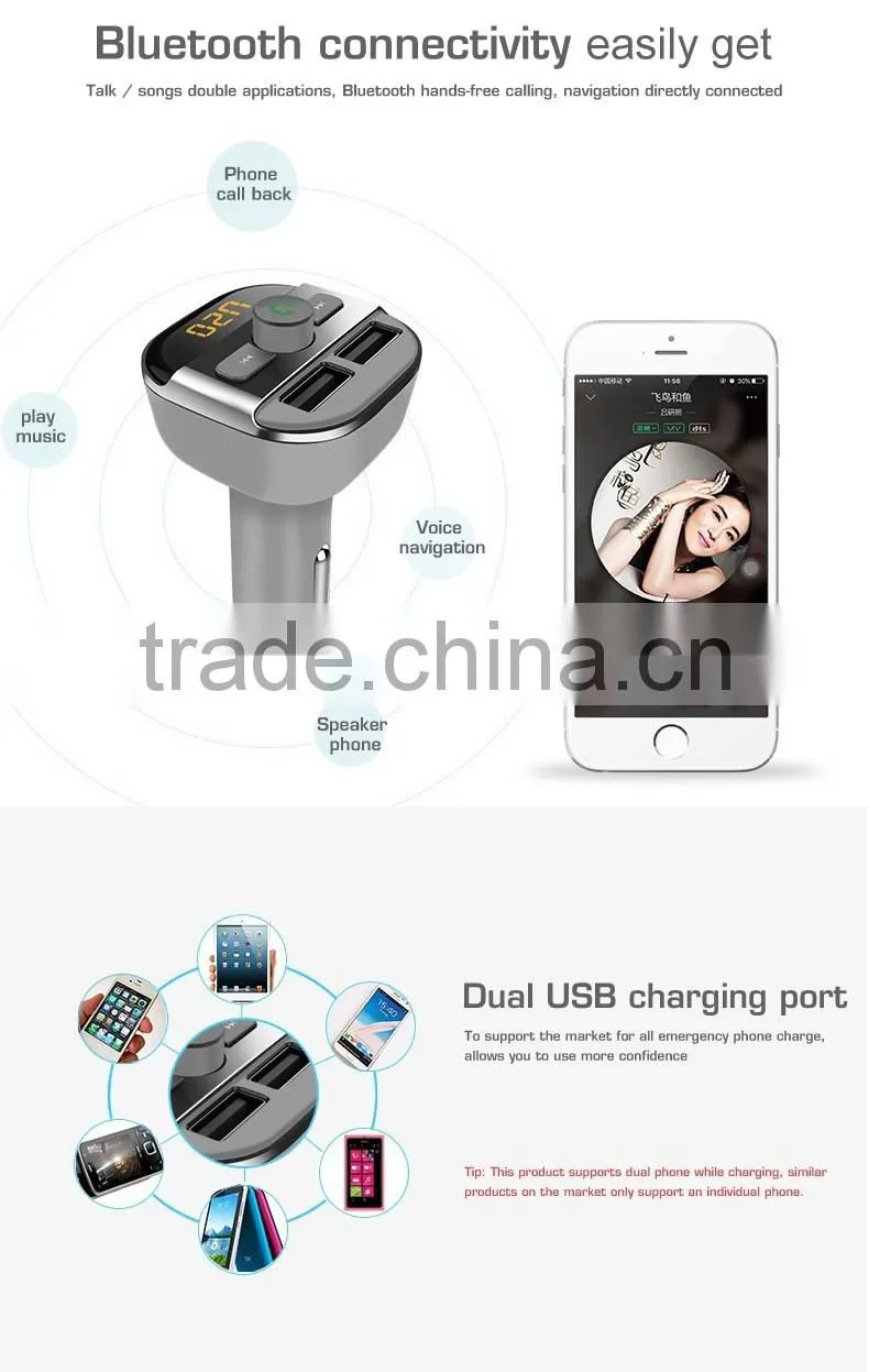 Wireless Bluetooth handsfree car kit with FM transmitter 3.4A car charger