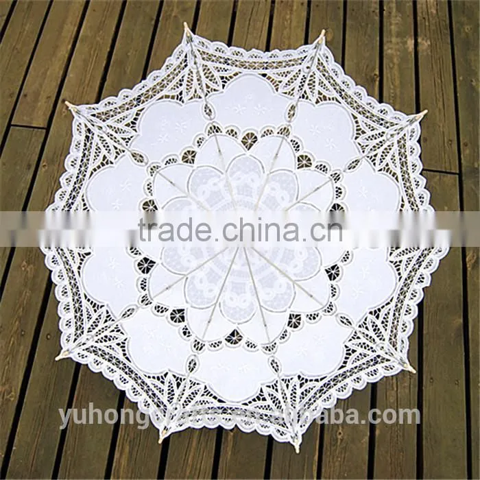 White Battenburg Lace Parasol & Bridal Lace Fan Set For Wedding