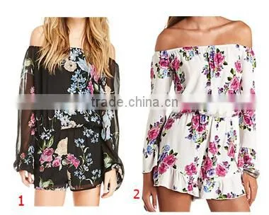 Women Sexy Illusion Ruffle Romper Long Sleeve Short Floral Off The Shoulder playsuit