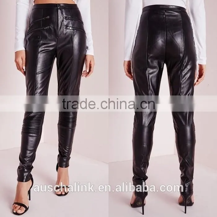 new design black faux leather biker pants cheap price