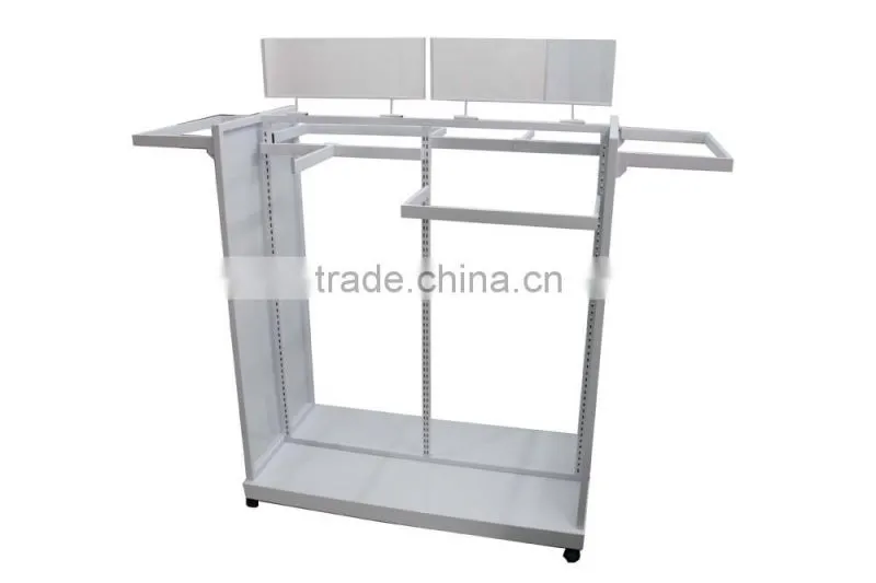 Double hangrail merchandiser with white shelves garment display