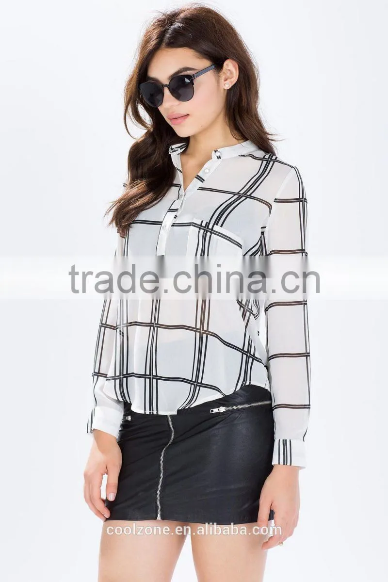 2015 New design sheer chiffon ladies blouse grid print blouses wholesale