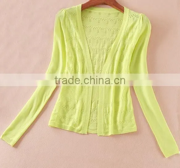 2014 hot sell wholesale high quality cotton hollow v-neck long sleeve knitwear cardigan
