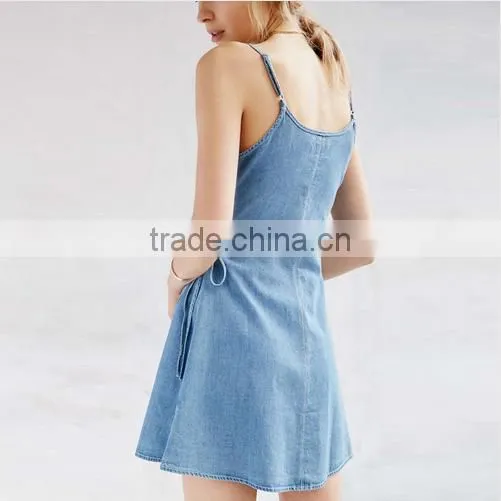 Apparel Denim Sexy Blue Plunge Neck Dress Spaghetti Strap Sashes Wrap Dresses Backless Sleeveless Street A-line Dress