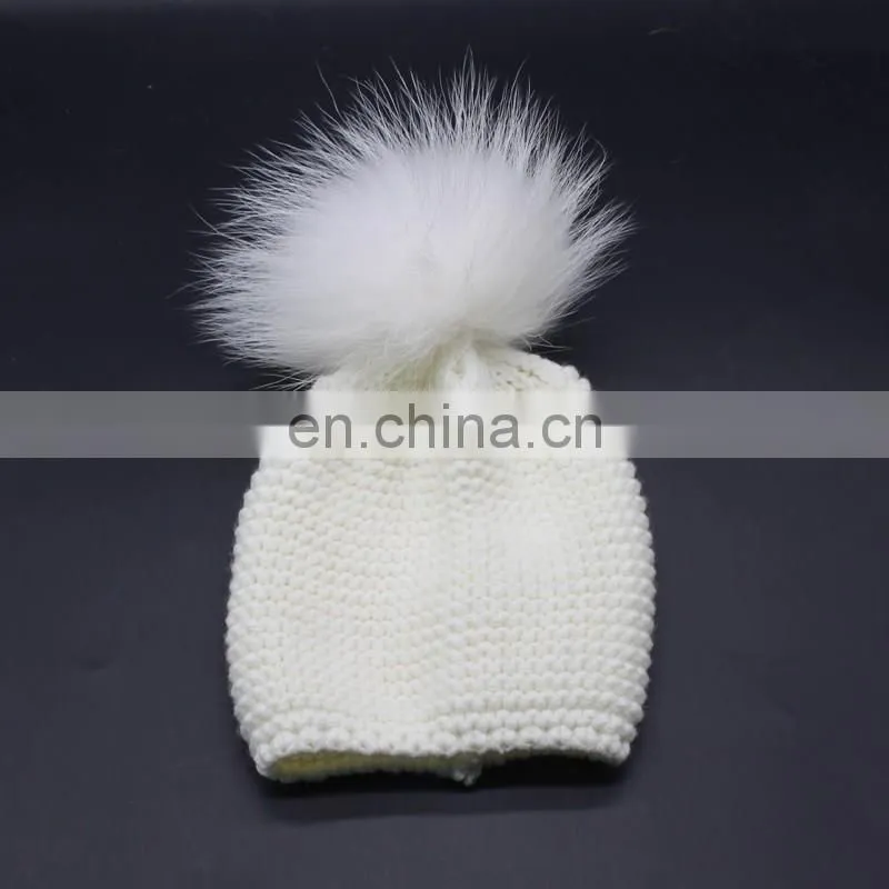 Fashion Kids Winter Knitted Raccoon Fur Pompom 100% Acrylic Knitted Beanie Hat