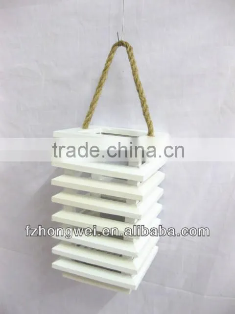 Hongwei Handmade Shabby Chic White Wooden Lantern/Candle Lantern/Candle Holder with Hemp Rope Handle for Home&Garden Decor