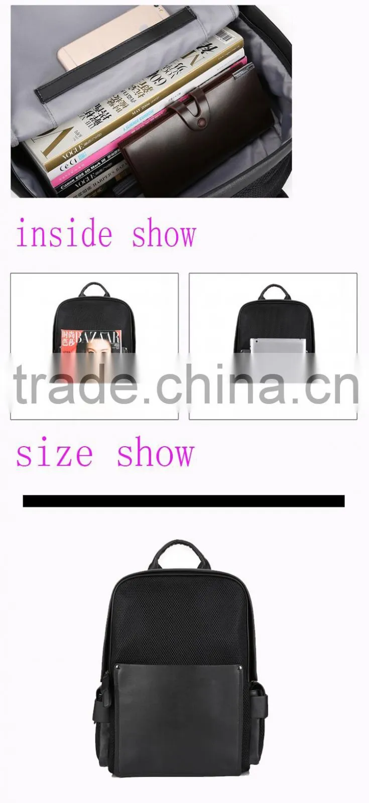 Fashion black pu coted canvas high quality school backpack bags