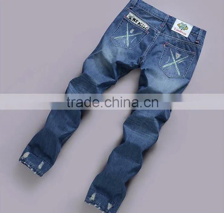 2014 Lastest Design Long Low Waisted Ripped Men Jean wear printed Washed Wholesale Popular Blue Men Jean Pants trouser