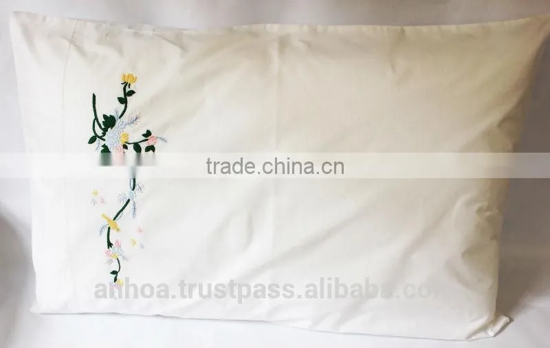 Colorful flowers and bird embroidered hemstitched pillowcases, pure cotton pillowcase