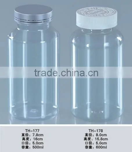 transparent 600ml pet plastic bottle with metal cap and child safety cap