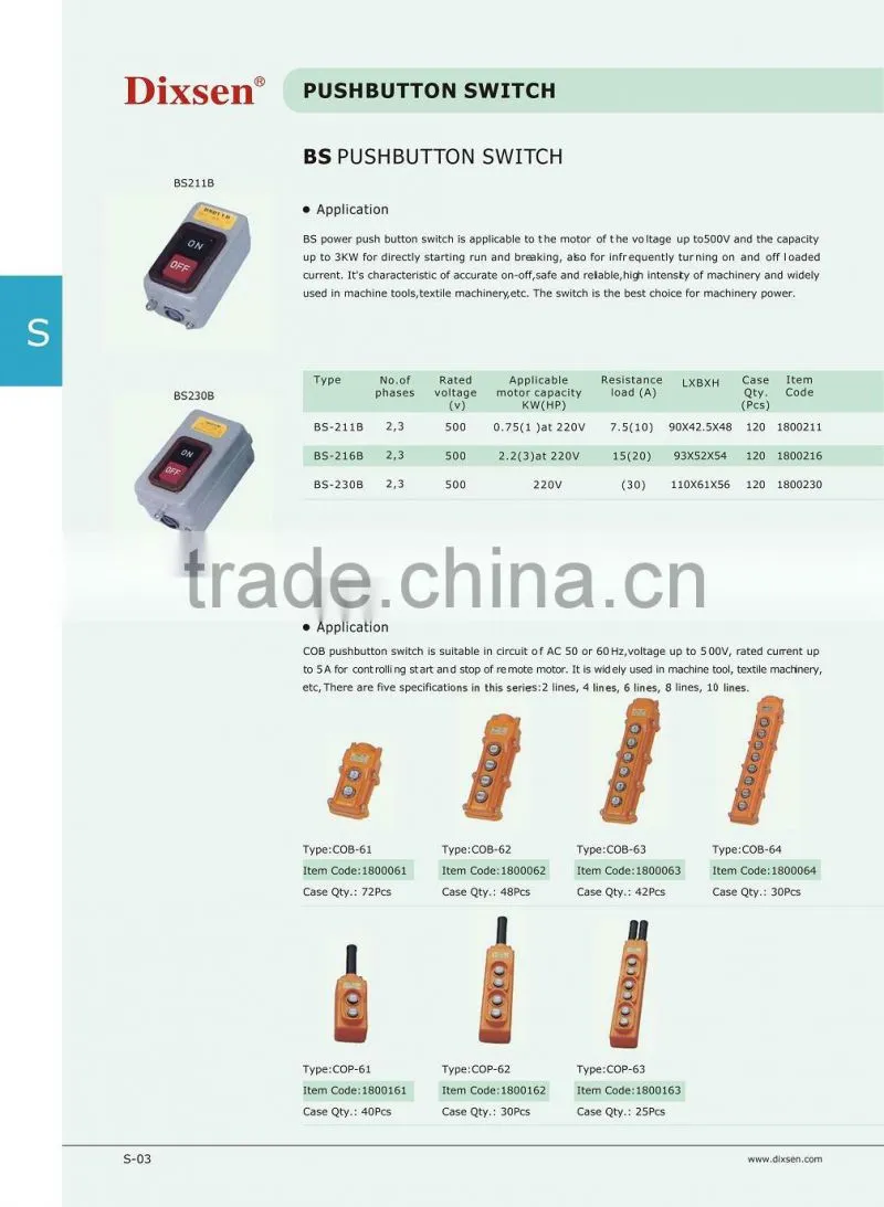 BS216, BS230, BS211, BSH223, BSH222, BT3, BT2 Pushbutton Control Switch