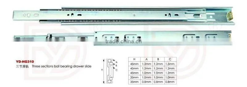 (45mm/35mm 5 thickness)Hote sale High quality Iron 3 fold full extension kitchen cabinet ball bearing drawer slides