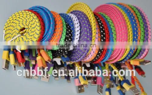 MICRO USB woven flat noodle Fabric Braided Data Sync Charge Cable for galaxy s3 s4