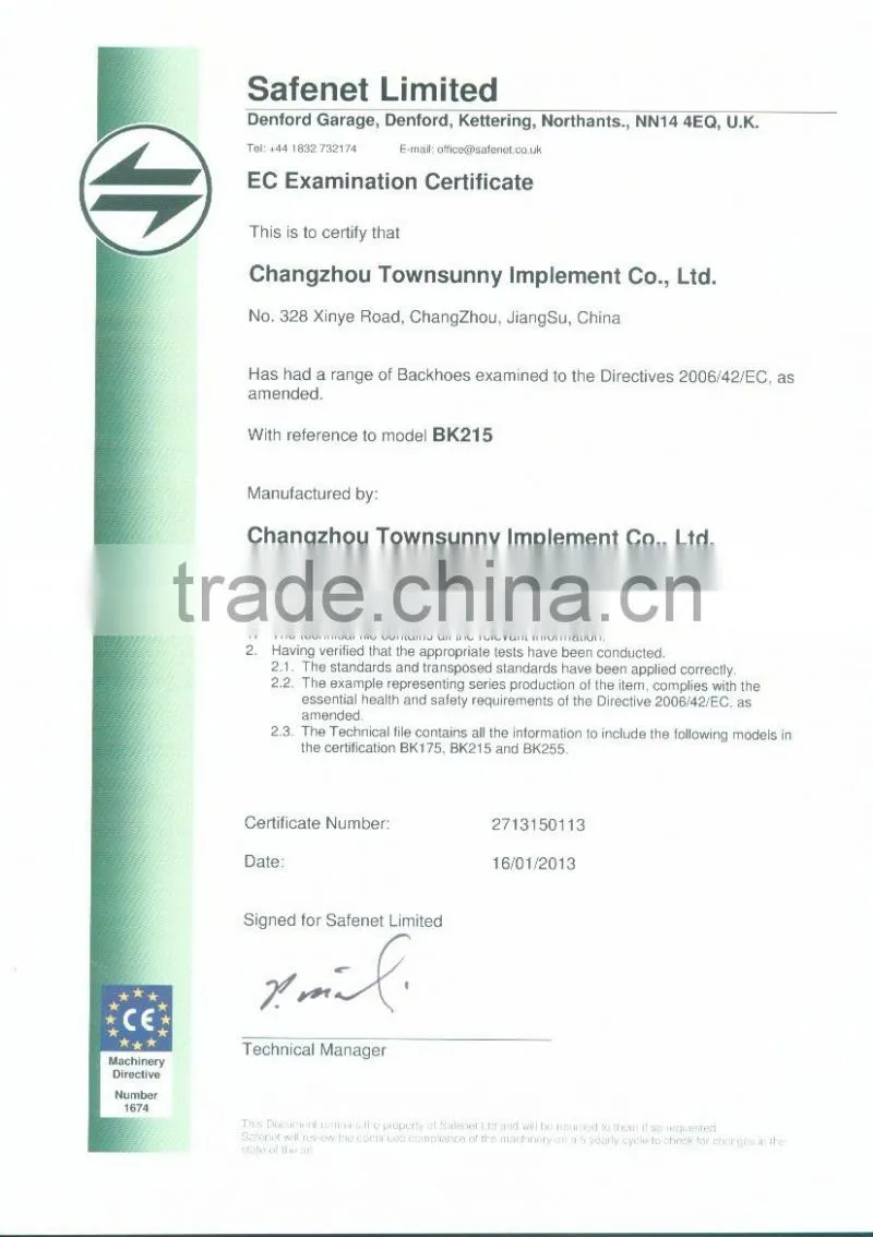 Hydraulic backhoe for tractor with CE certification