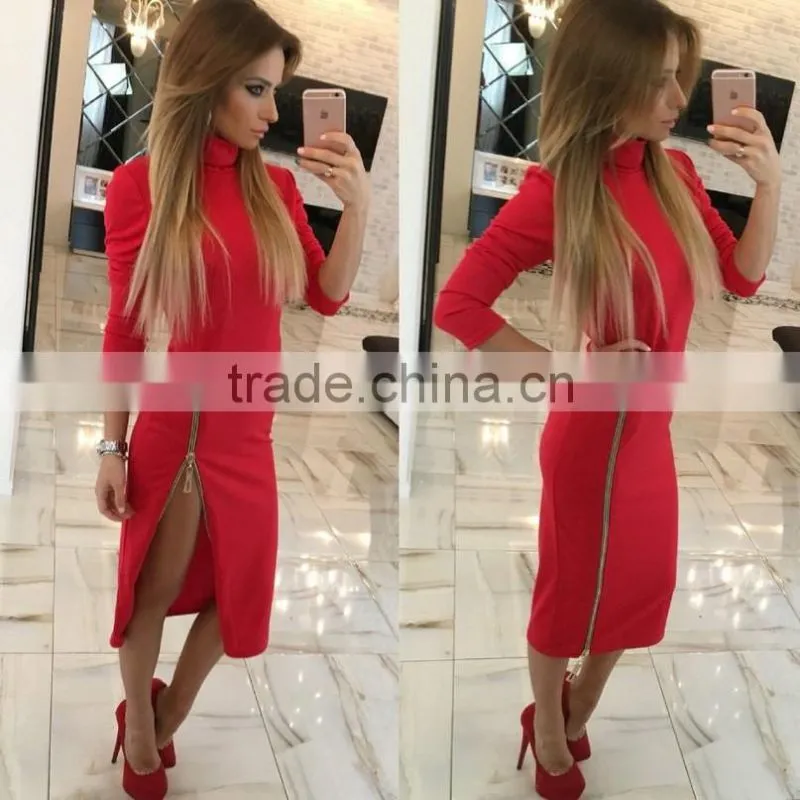 Autumn sexy Women's High Collar Slim Ladies long sleeves bottom zipper zipper slit sexy bodycon office dress