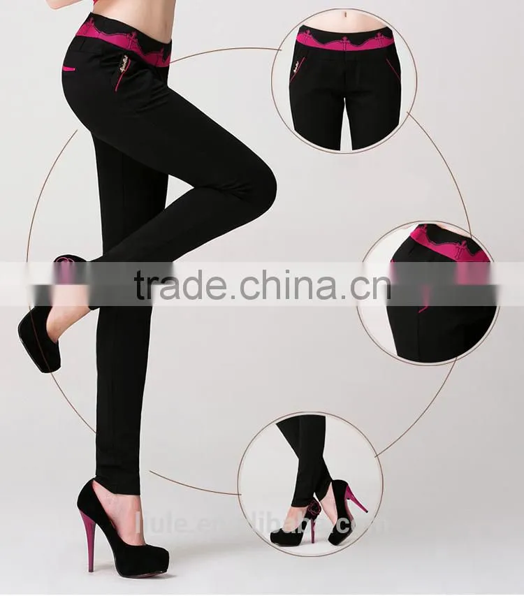 black high waist embroideried female trousers with side pockets