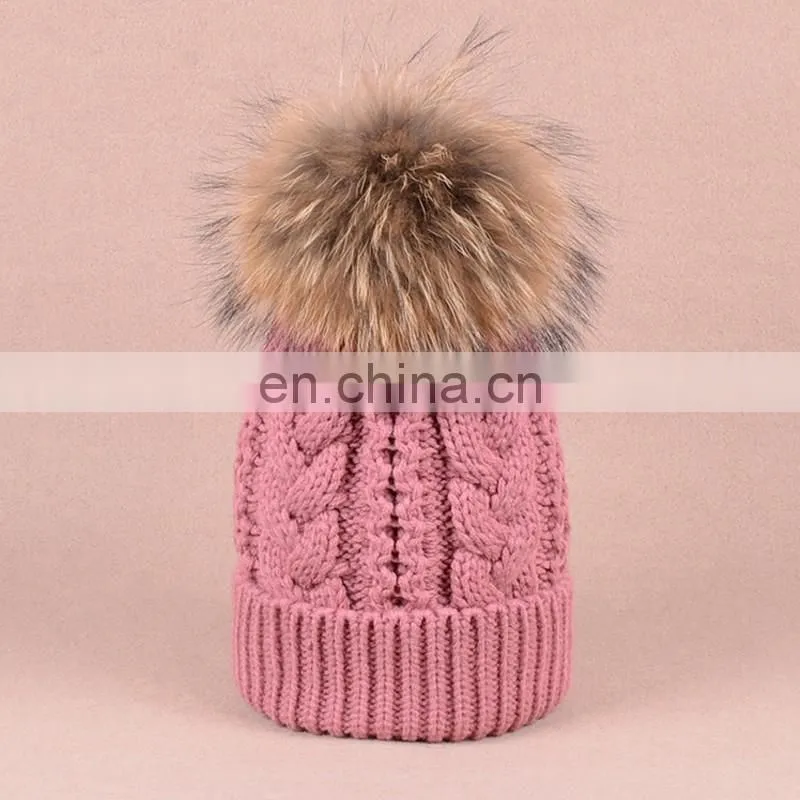 Jumbo genuine raccoon fur pom balls hats knitted twist pattern hats