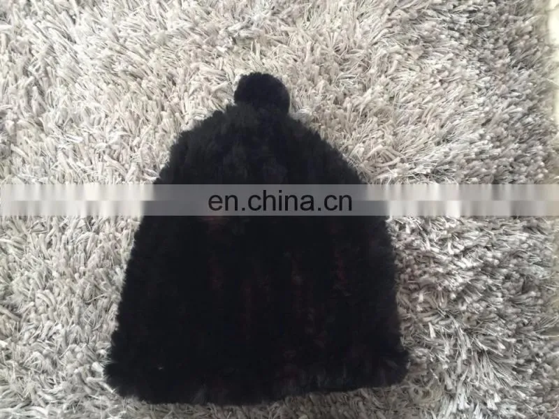 Knitted mink beanie fur tuque hat for women
