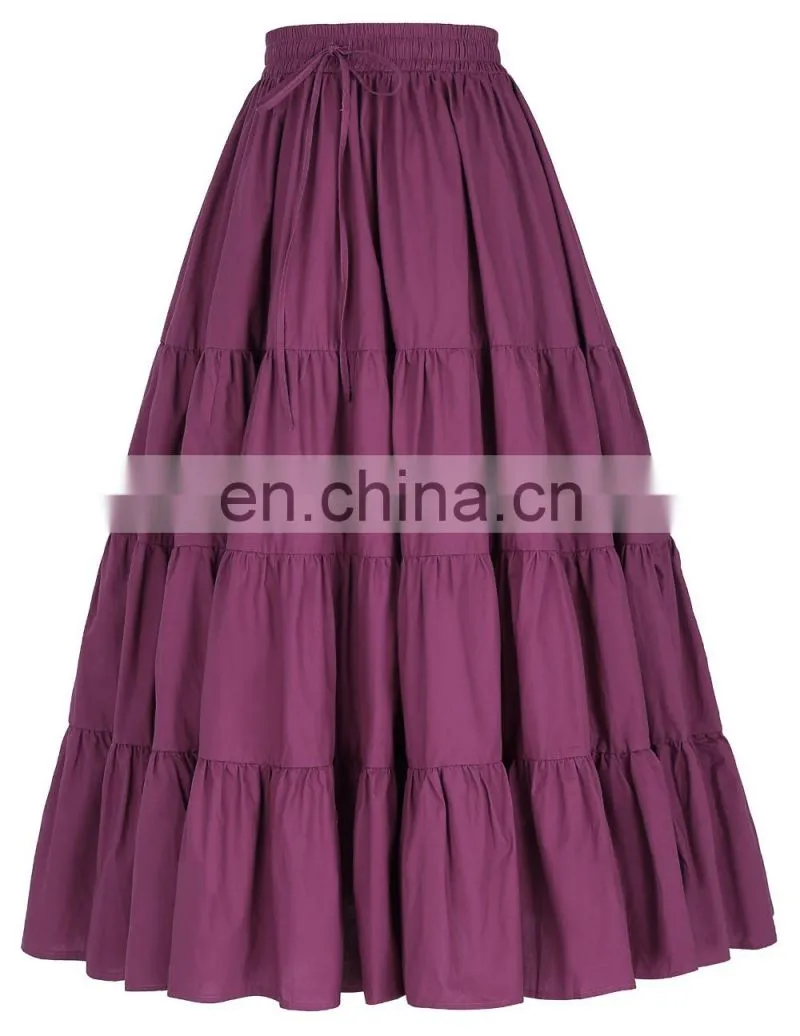 Belle Poque Women's Solid Wine Red Color Wide Hem Cotton Maxi Skirt Long Skirt BP000207-2