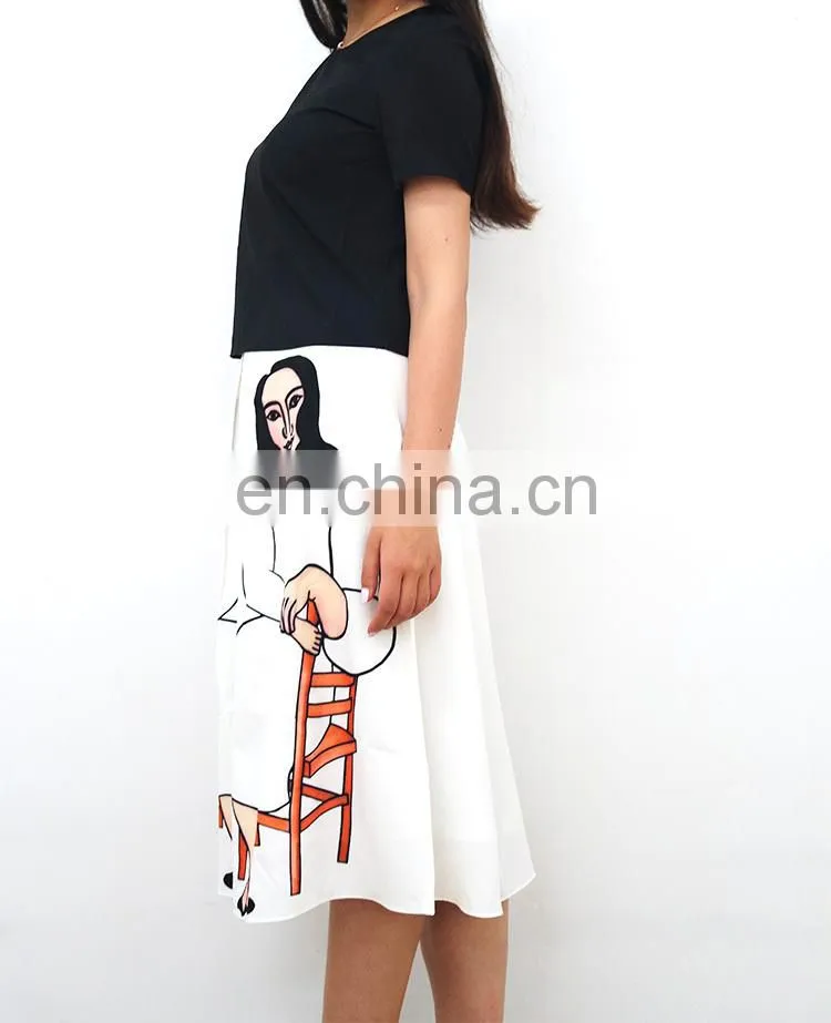 2015 New Fashion Portraits printed High Waist Slim Skirt Ladies Pleated Skirt Black and white printing skirt