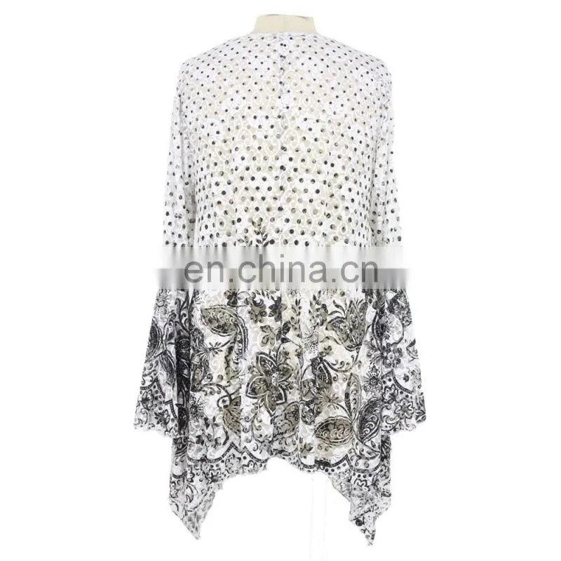 Latest diamond blue Flared sleeve V neck Floral Print Peplum Hem blouse