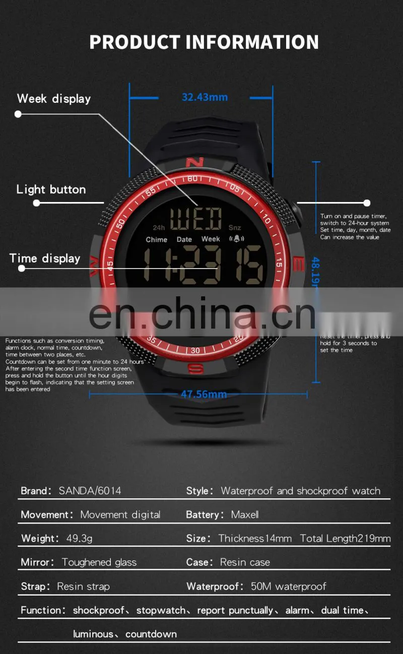SANDA 6014 Branded men digital wristwatch luminous alarm water resistant multi-functional fashion boys led watches