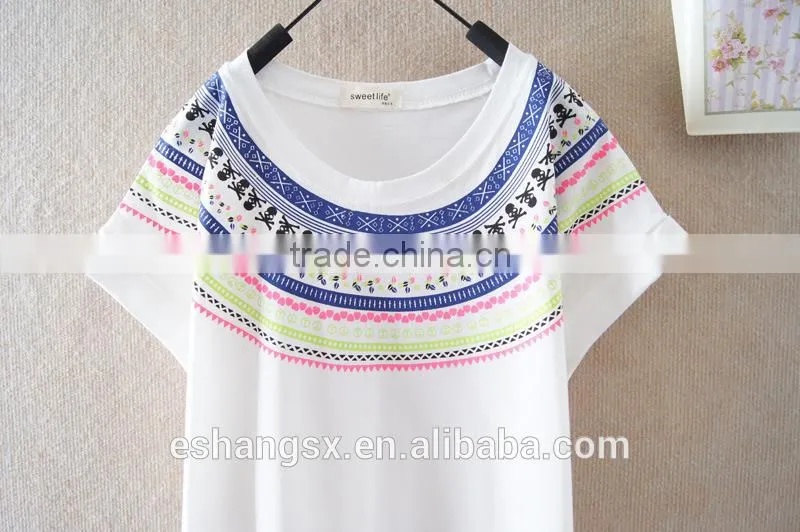 2014 cotton ladies printed batwing sleeve t-shirt