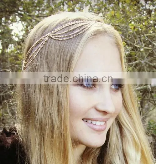 Hot Fashion Women Gold Tassel Crown Head Jewelry Punk Multilayers Head Chain