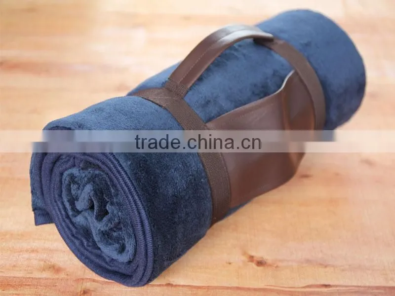 High Quality super soft heavy coral fleece blanket with leather strap handle