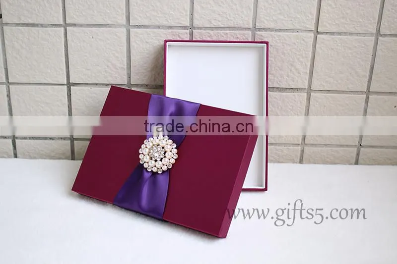 Custom Burgundy wedding invitation boxes with brooch in handmade