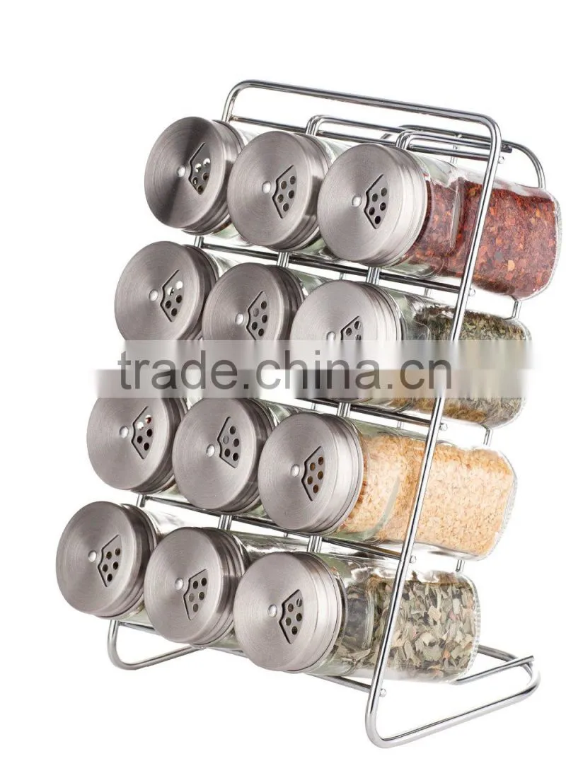 SINOGLASS trade assurane 80ml stainless steel lid wire rack 12 glass jars bottle spice rack set