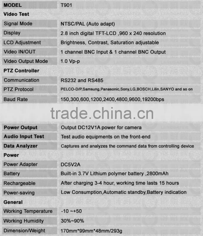 CCTV Tester L-T901 Ethernet Cable Testing Digital 2.8'' TFT-LCD 960*240 Resolution DC12V1A PTZ Control &Video Input