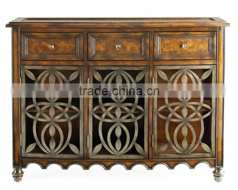 Spanish antique style wooden living room side cabinet with iron openwork doors