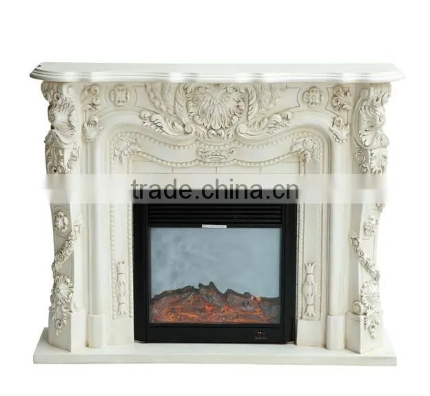 Antique handmade flower carving rococo style indoor wooden fireplace in ivory color - BF07-70341