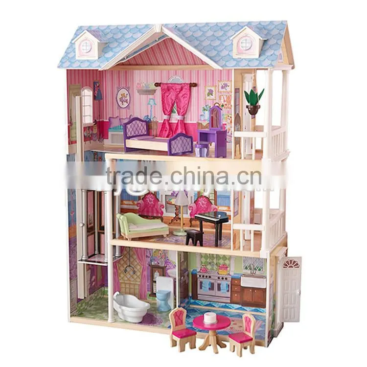 New style 30 furniture pieces children pretend play wooden giant doll house W06A222