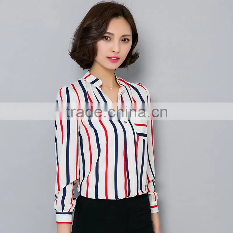 Womens Scarf Collar Long Sleeve V-neck Chiffon Striped Casual Blouse 2016