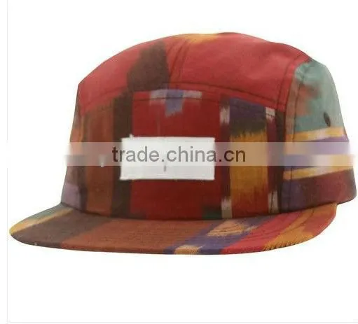 Cotton woven tag leather strap 5 panel flat brim hat