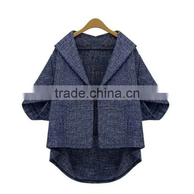 Hot selling high quality new design ladies casual turn-down collar Asymmetrical women jacket model with cap sleeve