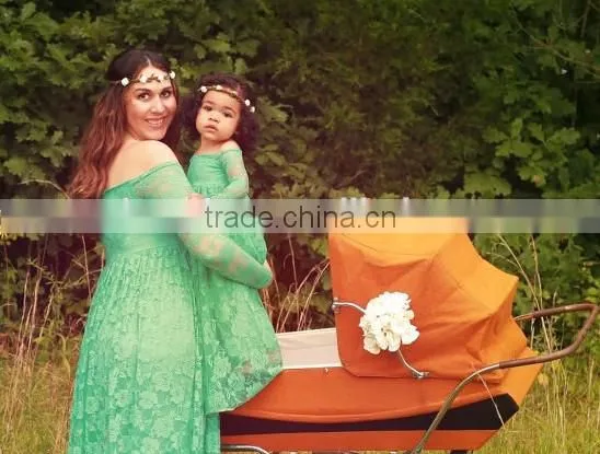 Mommy And Daughter Turquoise Lace Dress Maternity Floor Length Lace Eyelash Gown Dress