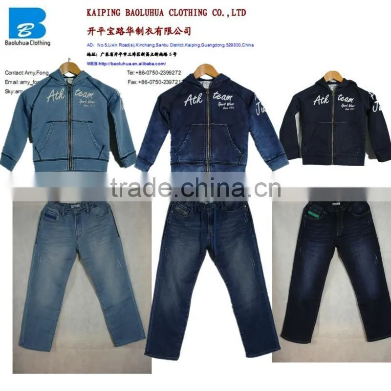 high quality wholesale dark blue kids denim jackets with hoody