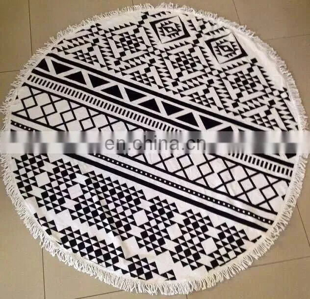 Printed velour %100 cotton round beach towel with polyester fringes