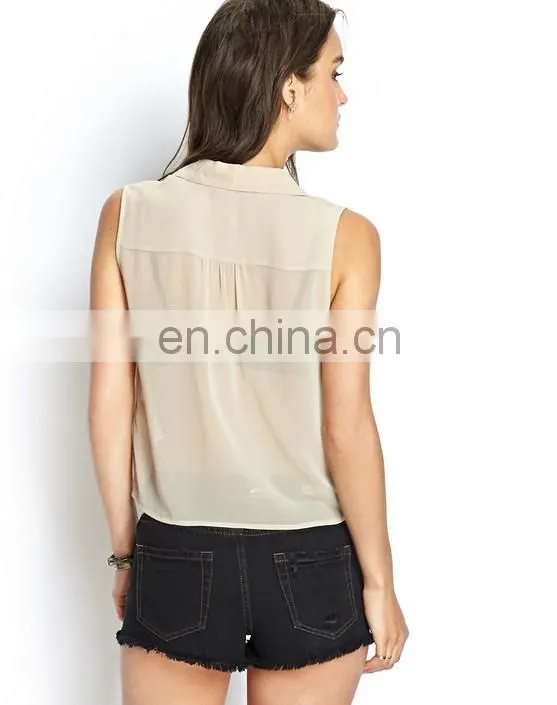 chinese factory sleeveless sheer chiffon blouses fashion 2014