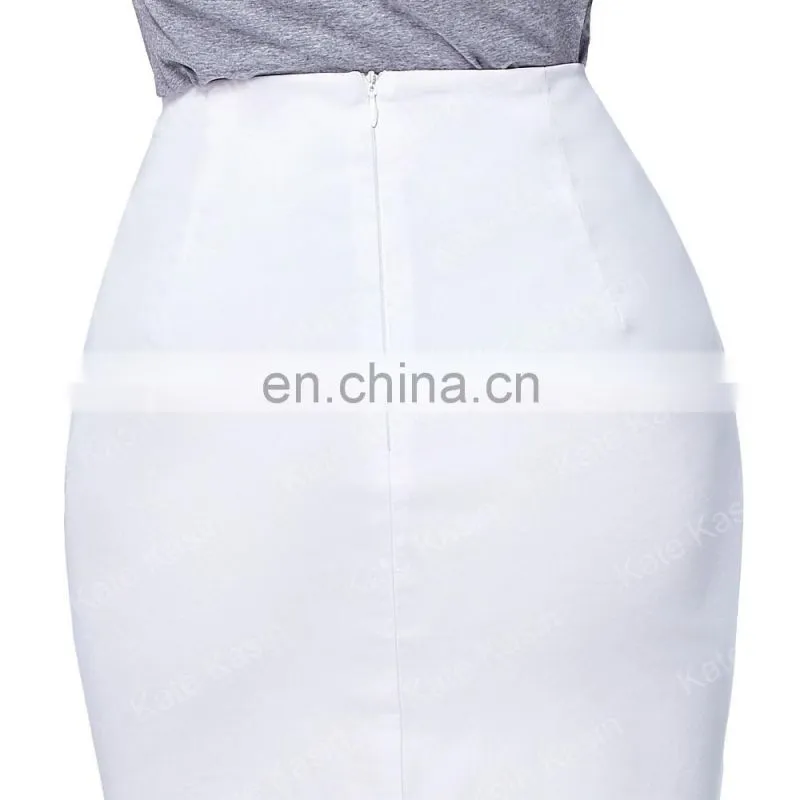 Kate Kasin Occident Women's OL High Stretchy Hips-Wrapped Split back Short White Pencil Skirt 24" KK000273-2
