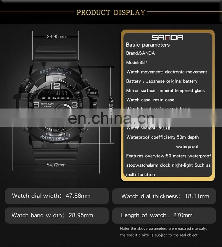 SANDA 387 Latest waterproof silicone bracelet sport wrist watches digital military watch