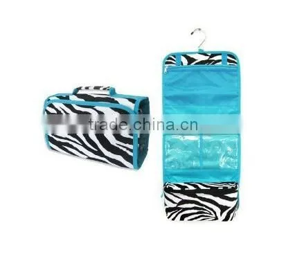 Large zebra hot pink cosmetic bag with tri-fold two snaps closure