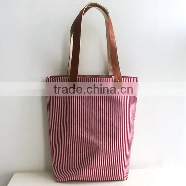 Navy Stripe Stylish Denim Bag Denim Tote Bag With Leather Trim