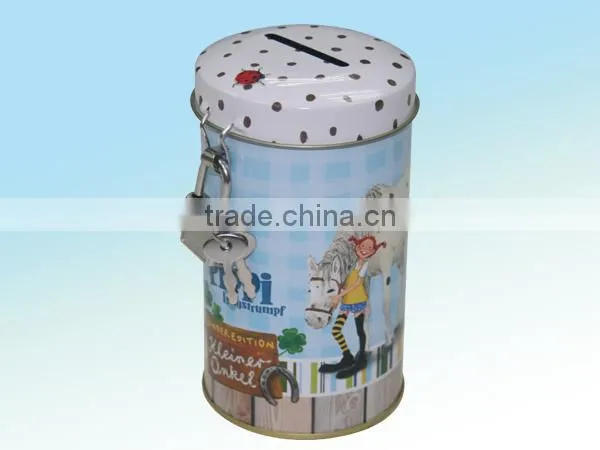 small printed coin bank with lock and key