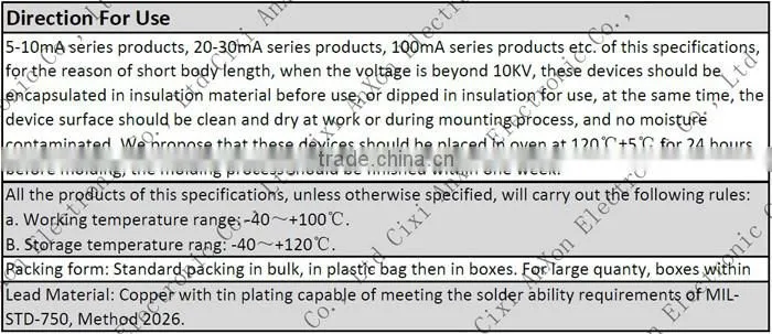 High reliability Rectifier High Voltage Silicon Diode