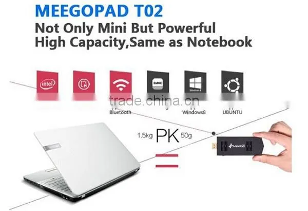 Hot Sell Meegopad T02 Mini PC without Monitor Compute Stick Ultra Smart Mini pc HDMI with 2*USB2.0 48g with Intel Atom BT4.0
